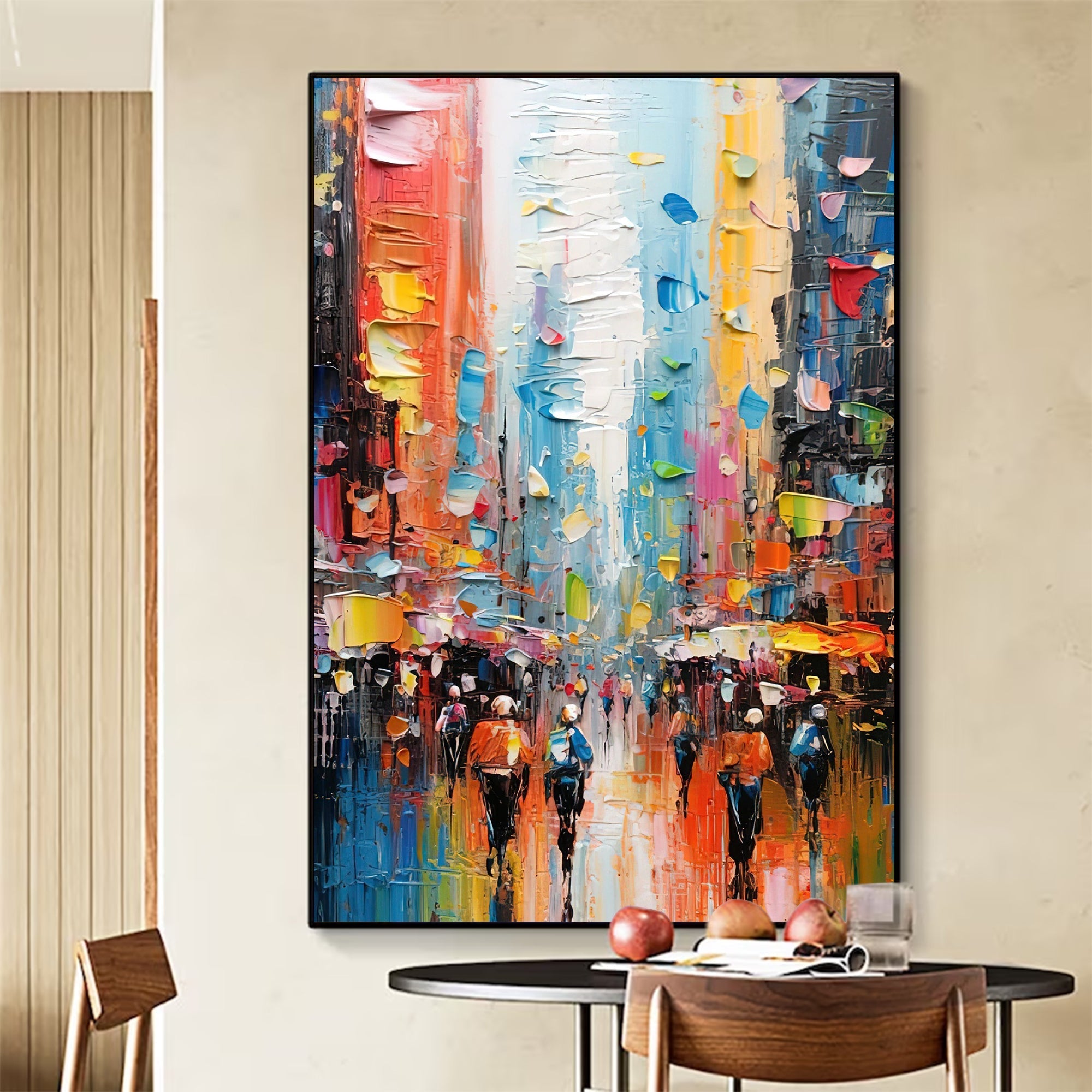 Abstract Vibrant City Rain Oil Painting