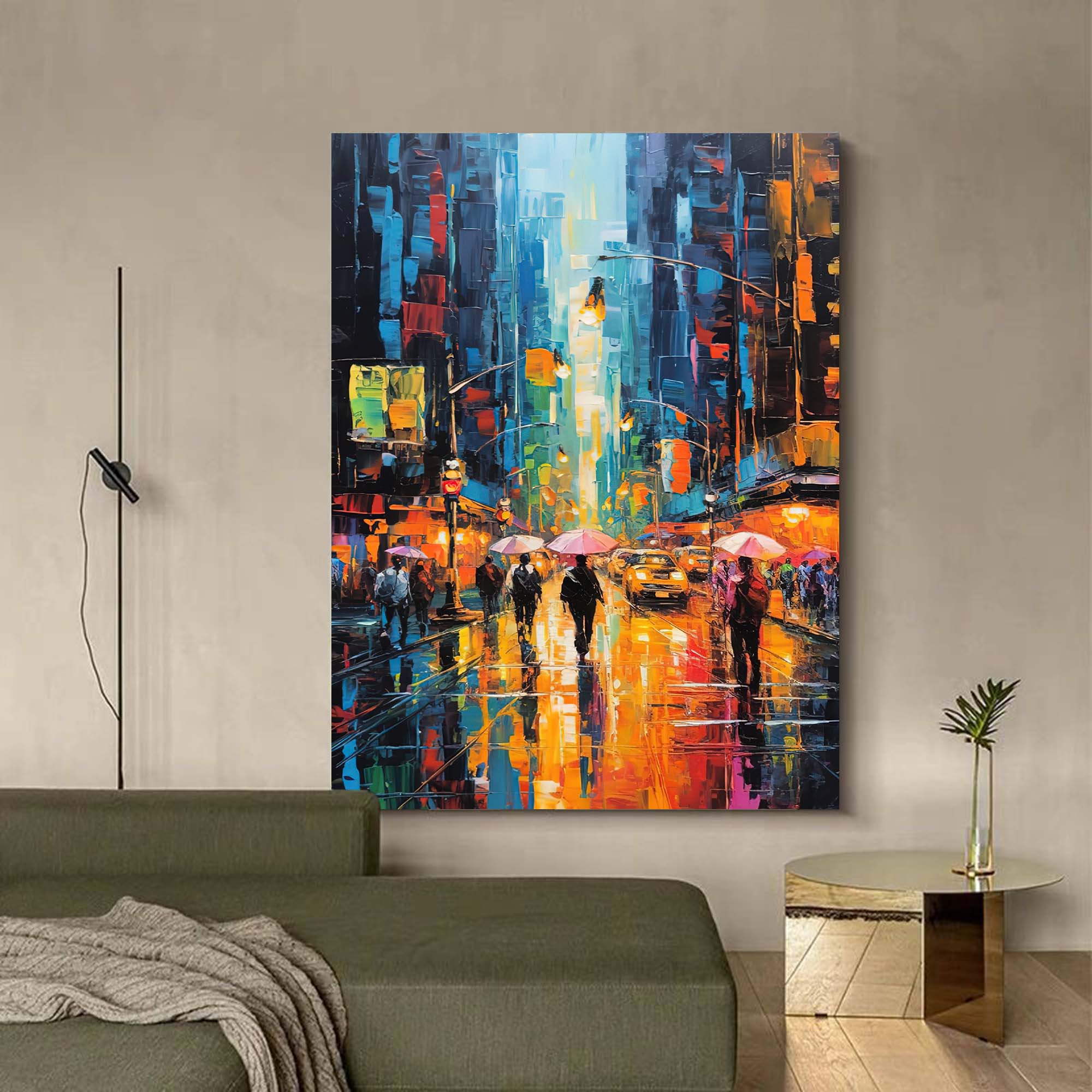 City Lights Rainy Street Canvas