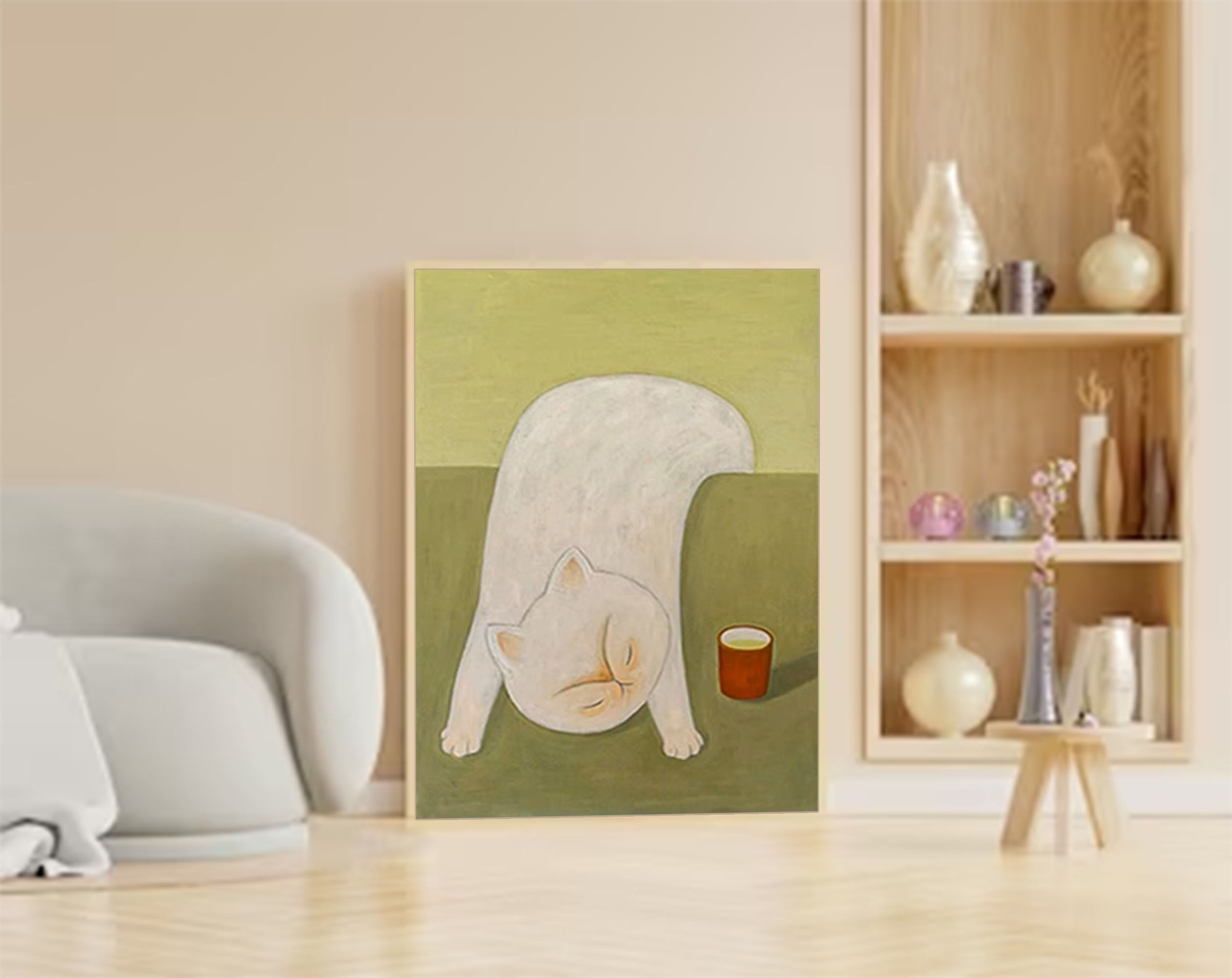 Playful White Cat with Tea Cup Canvas Art