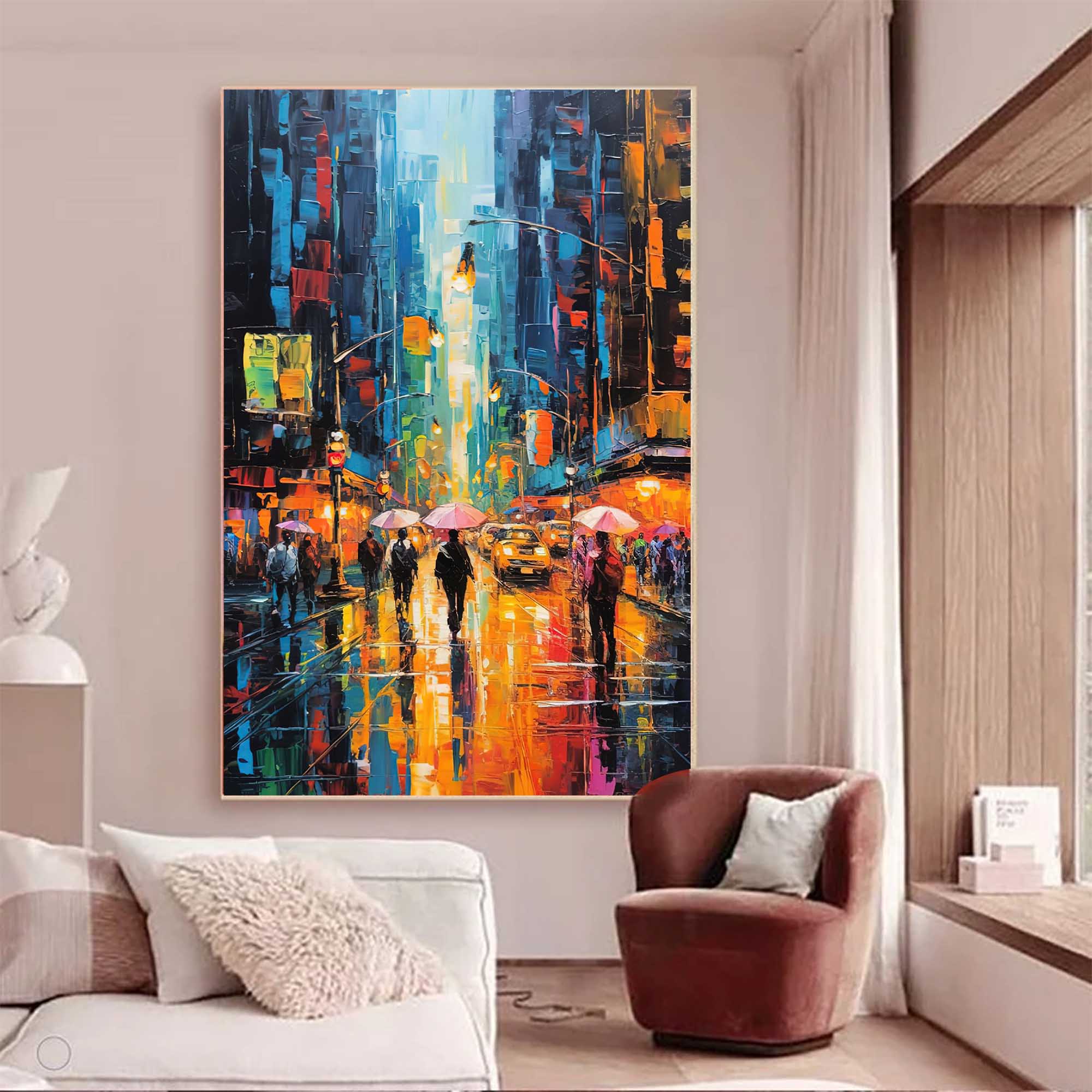 City Lights Rainy Street Canvas