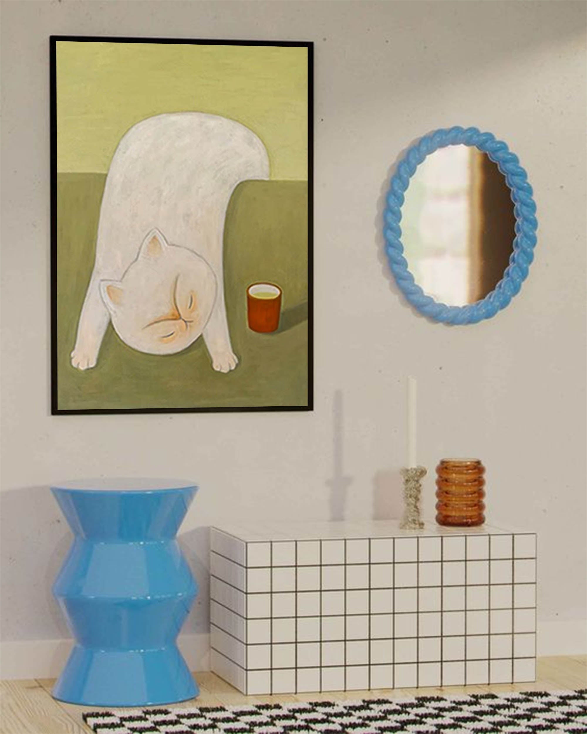 Playful White Cat with Tea Cup Canvas Art