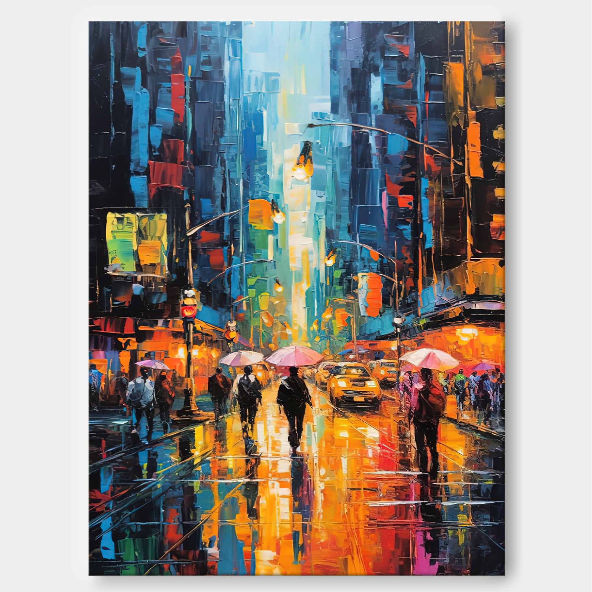 City Lights Rainy Street Canvas