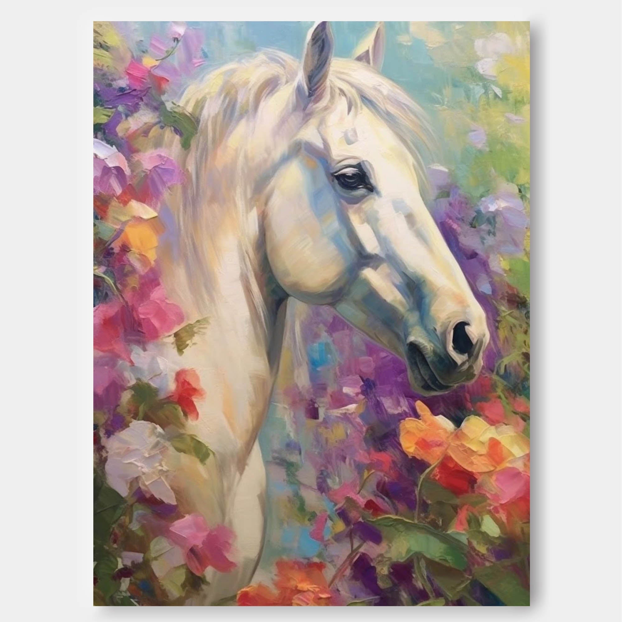 Graceful White Horse in Floral Harmony