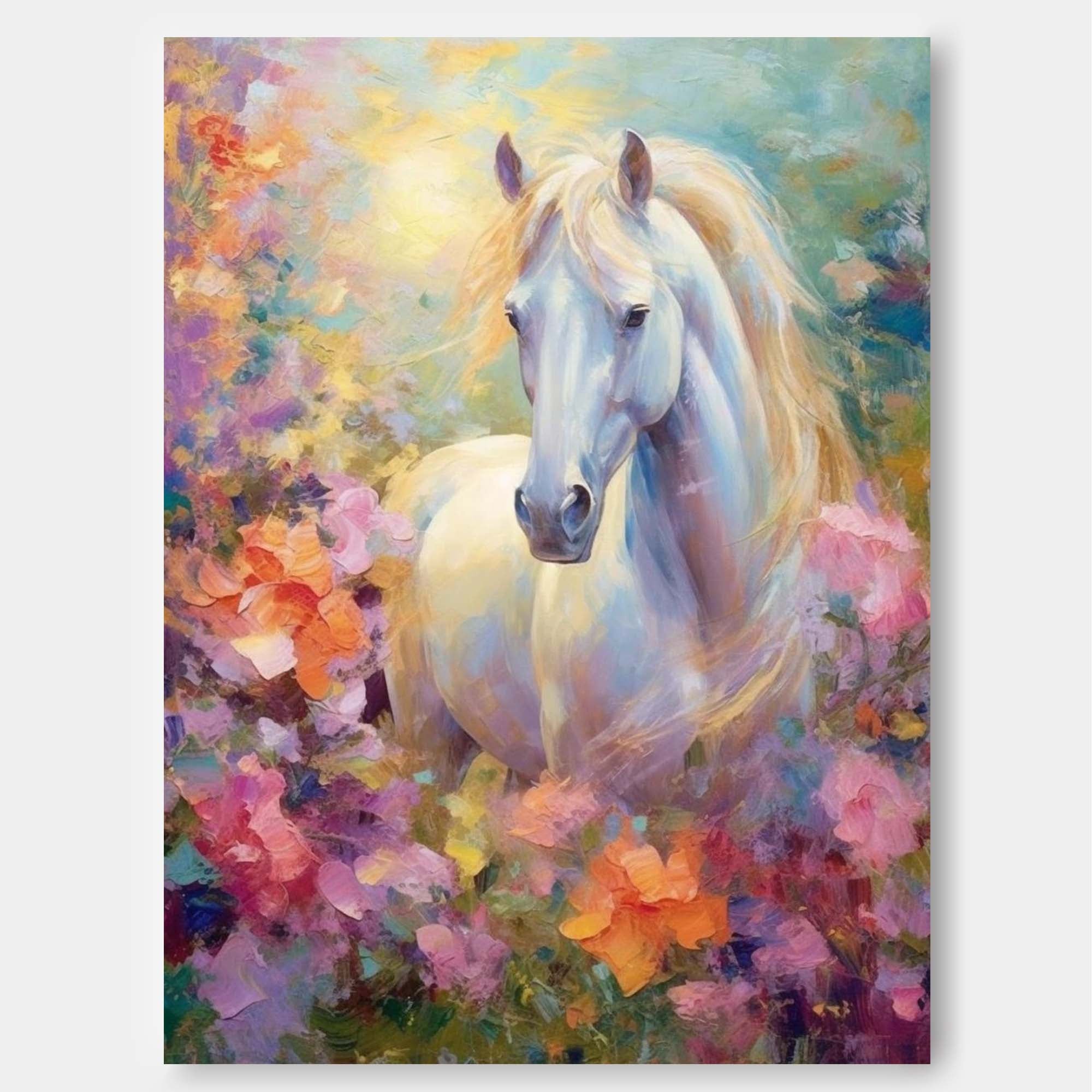 Majestic White Horse in Blooming Garden