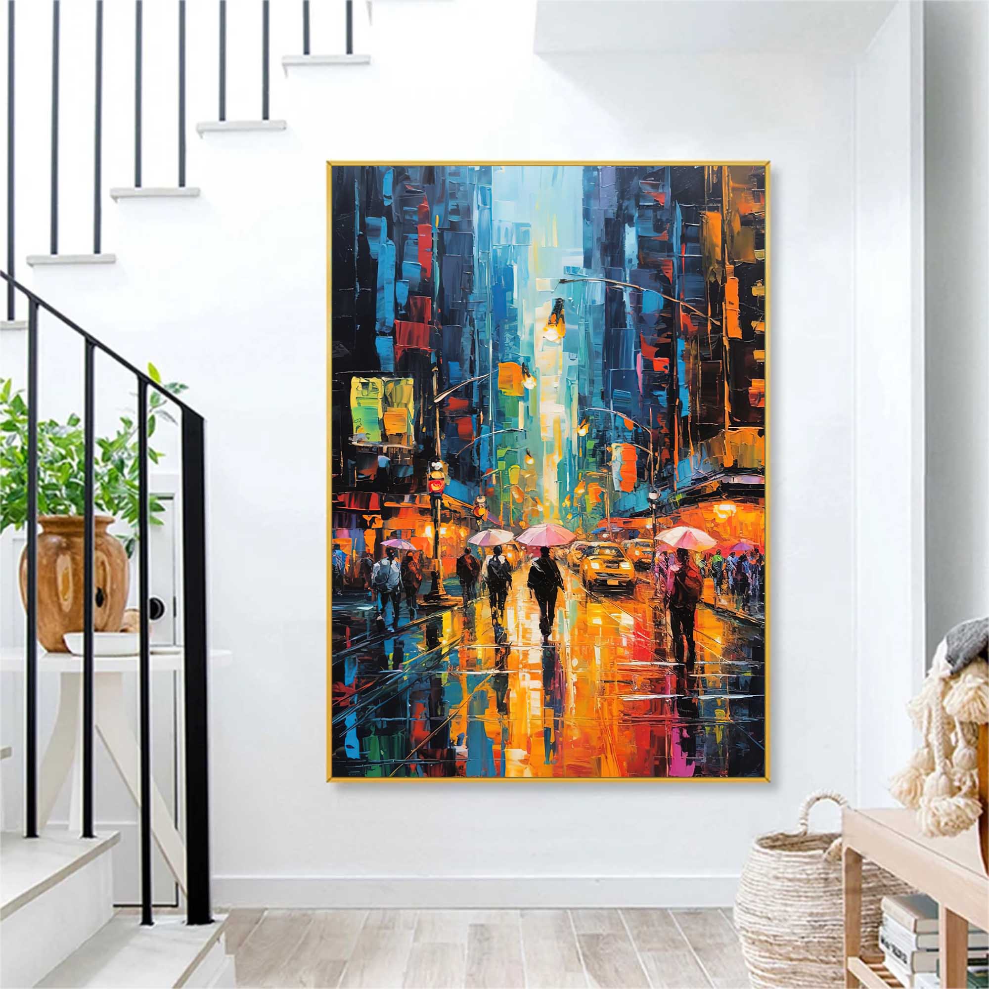 City Lights Rainy Street Canvas