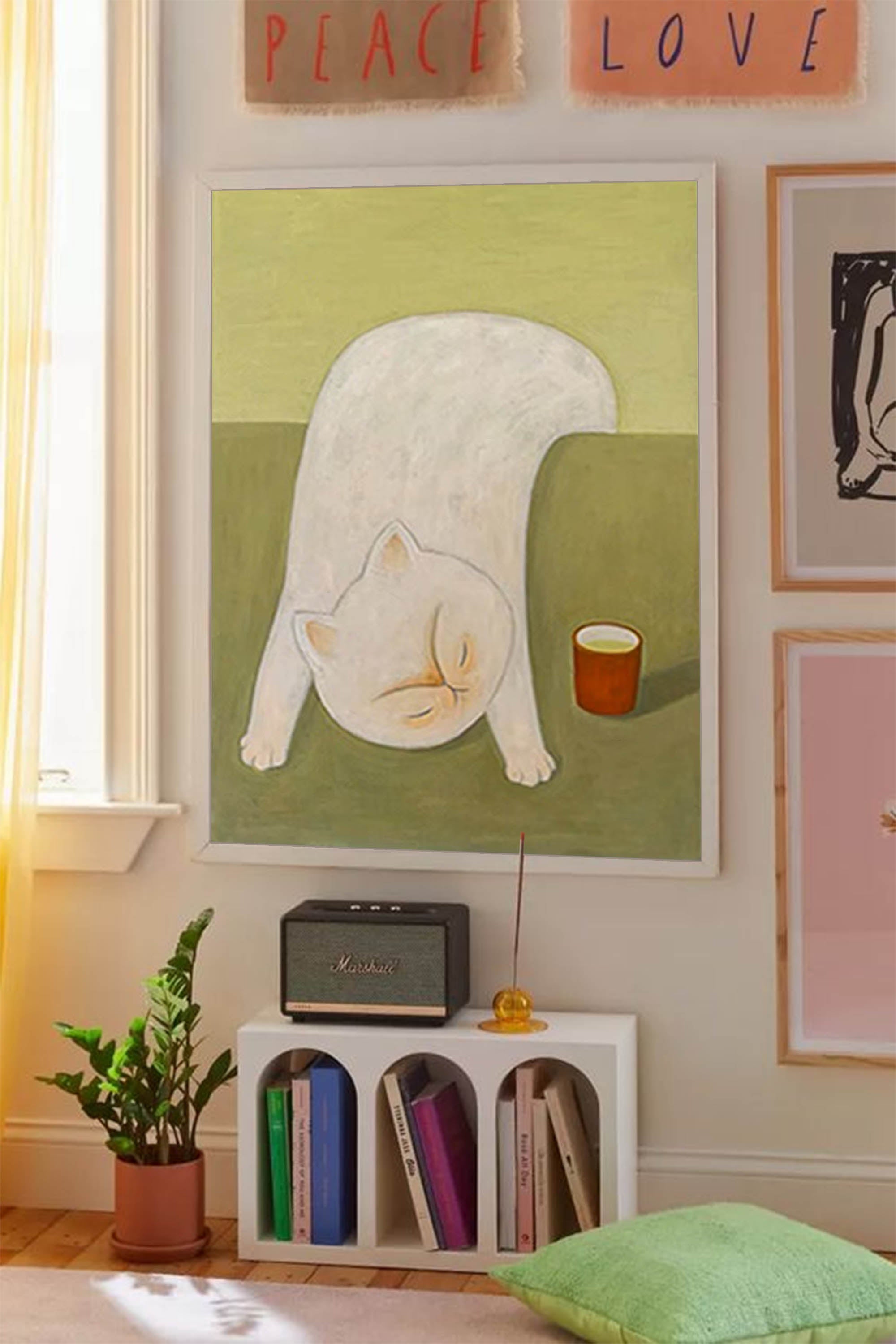 Playful White Cat with Tea Cup Canvas Art