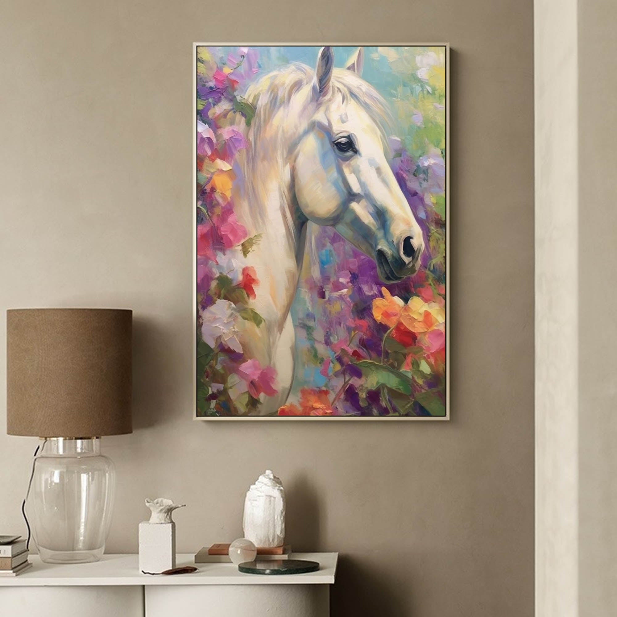 Graceful White Horse in Floral Harmony