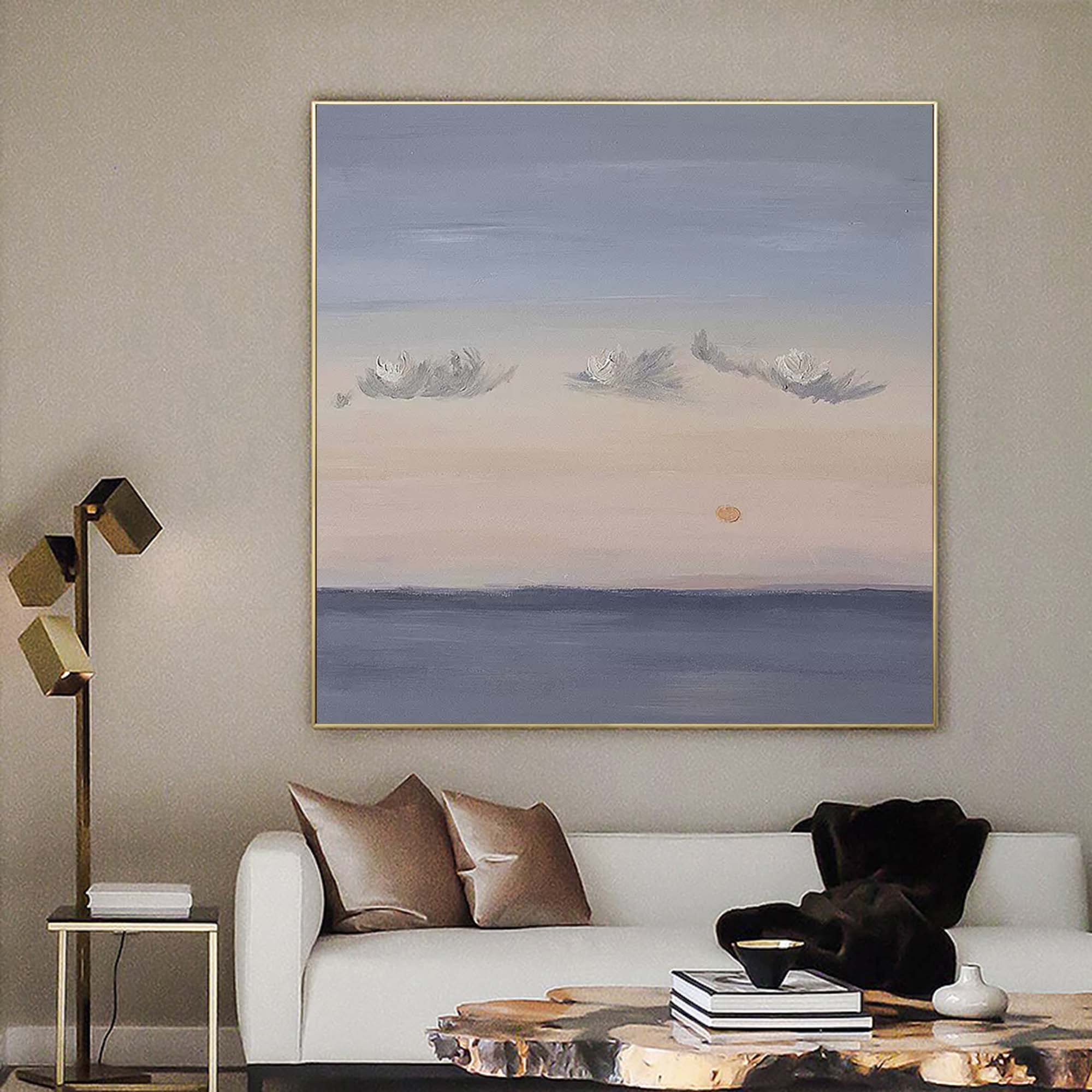 Calm Horizon Sunset Painting – Dreamy Sky and Sea Wall Art