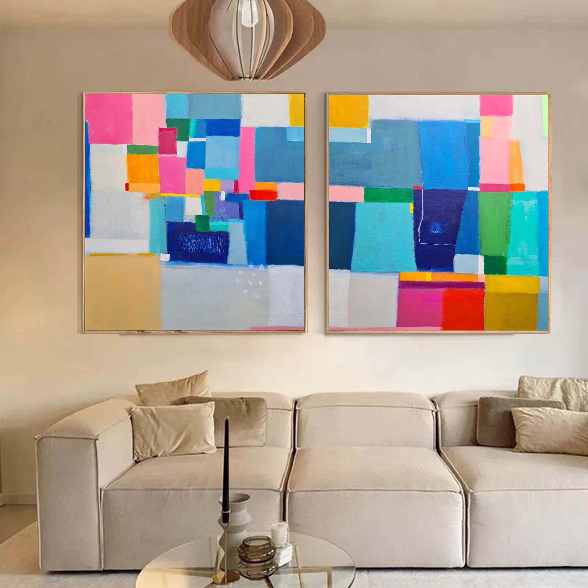 Modern Geometric Color Block Diptych Canvas Art