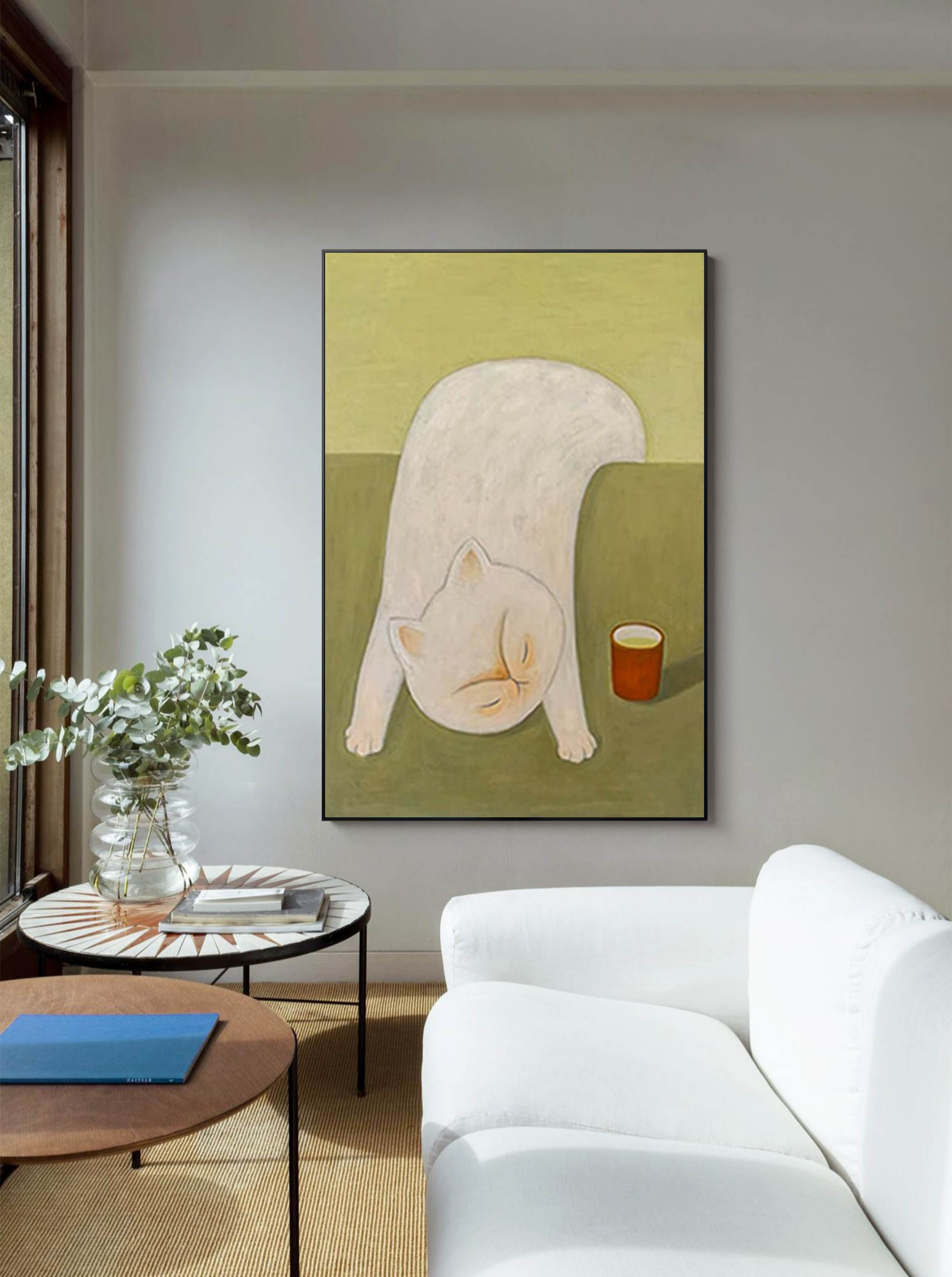 Playful White Cat with Tea Cup Canvas Art