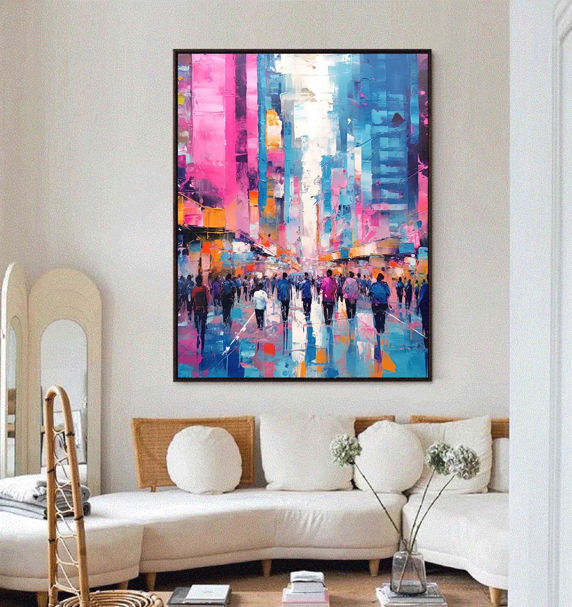 Vibrant Urban Crowd Abstract Oil Painting