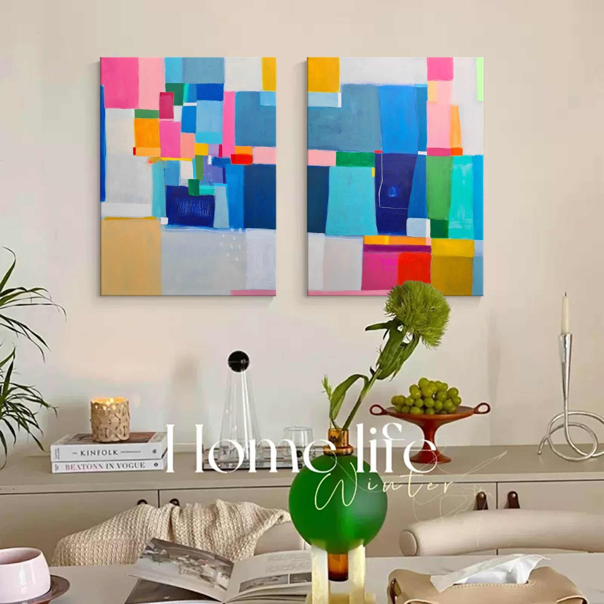 Modern Geometric Color Block Diptych Canvas Art