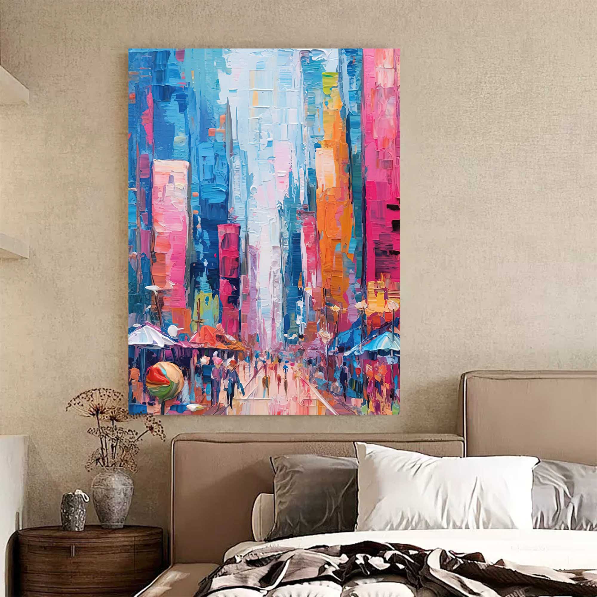 Vibrant City Skyline Oil Painting