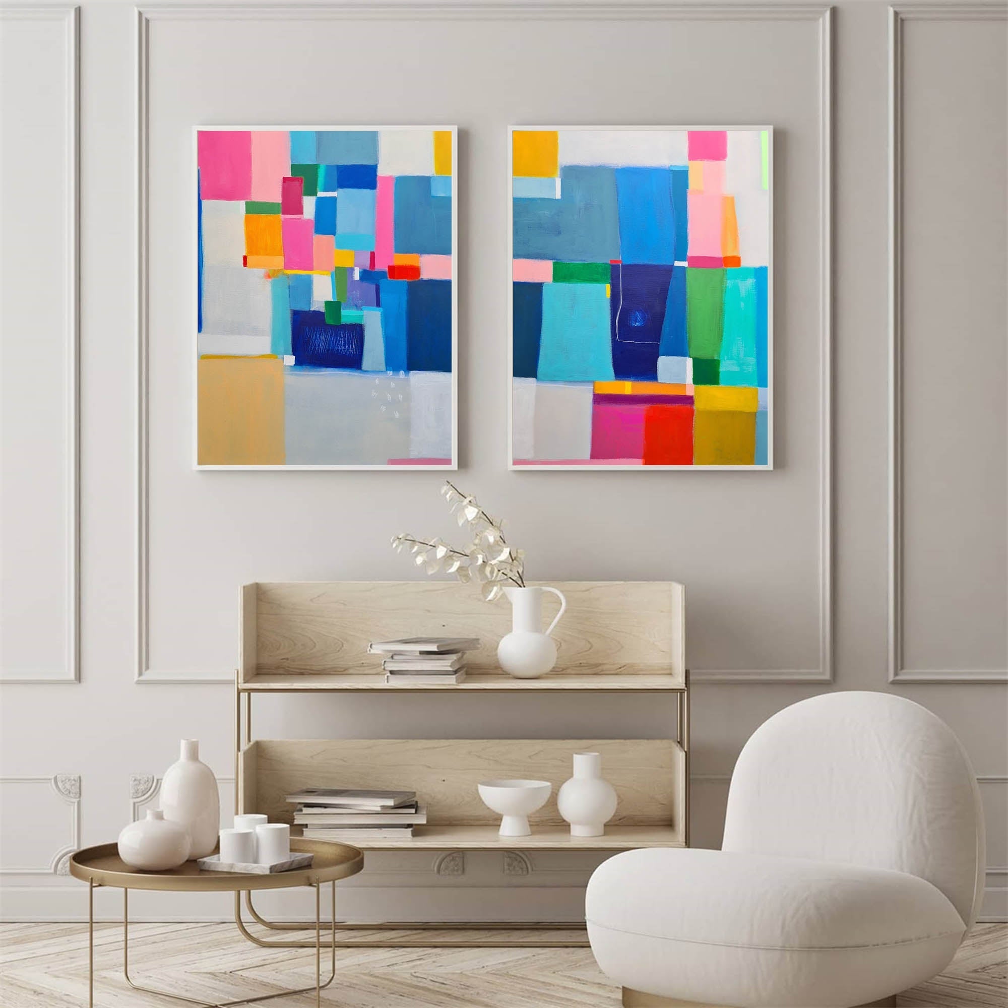 Modern Geometric Color Block Diptych Canvas Art